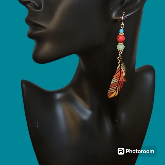 HANDMADE Multi-color Wood Feather Magnesite Turquoise Beaded Dangle Earrings - Picture 1 of 4